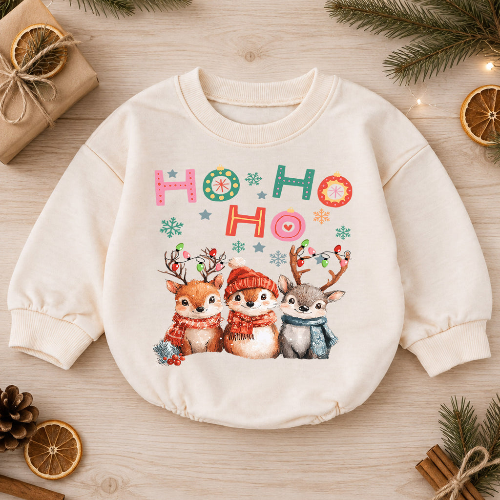 Ho Ho Ho Christmas Baby Romper, Watercolor Reindeer 1st Birthday Holiday Outfit, Cute Woodland Toddler Xmas Romper, Christmas Gift — product view 1