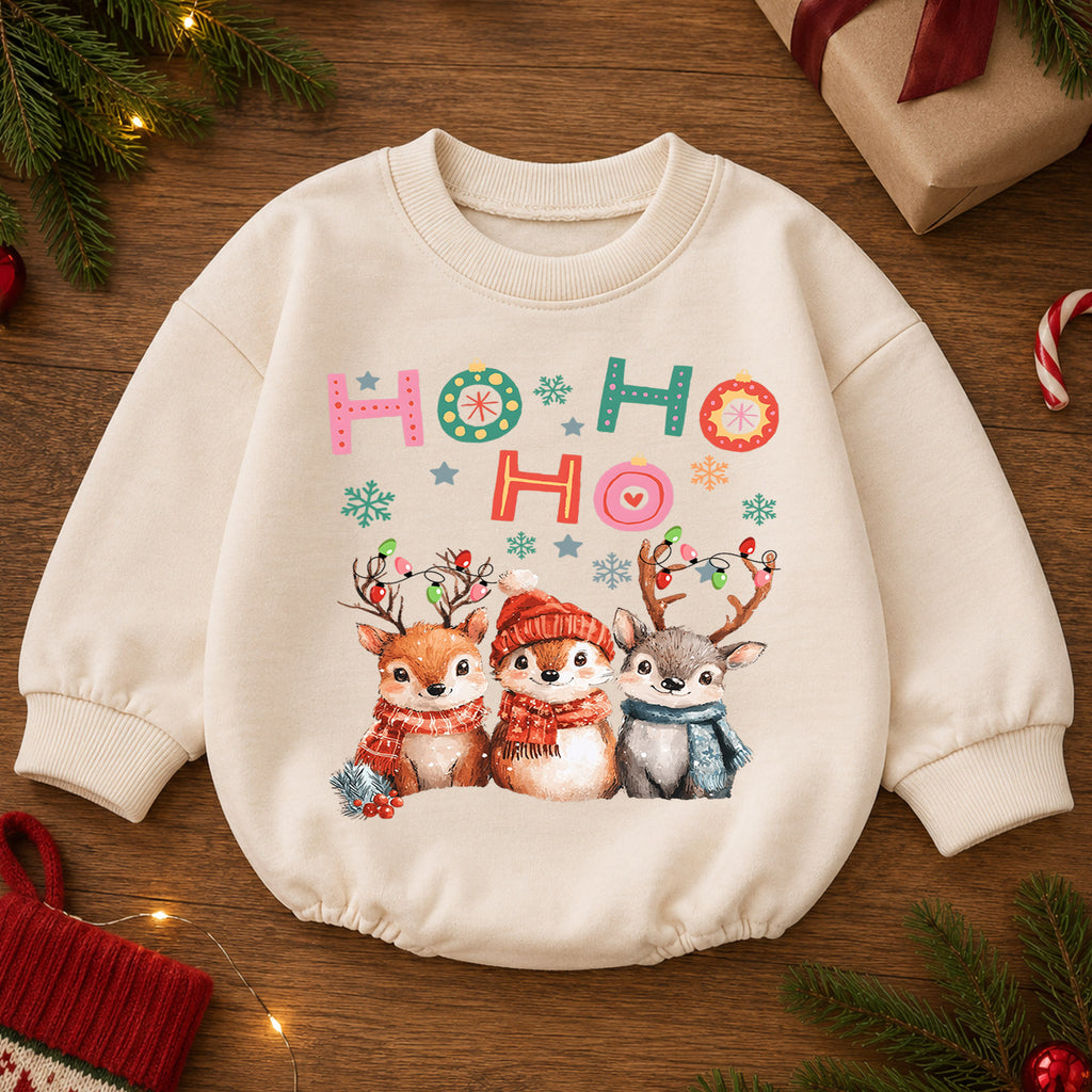 Ho Ho Ho Christmas Baby Romper, Watercolor Reindeer 1st Birthday Holiday Outfit, Cute Woodland Toddler Xmas Romper, Christmas Gift — product view 2