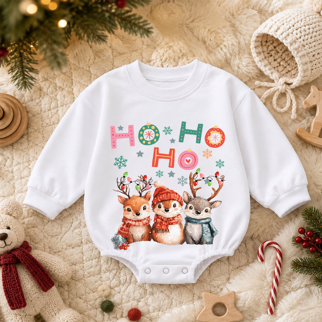 Ho Ho Ho Christmas Baby Romper, Watercolor Reindeer 1st Birthday Holiday Outfit, Cute Woodland Toddler Xmas Romper, Christmas Gift — product view 3