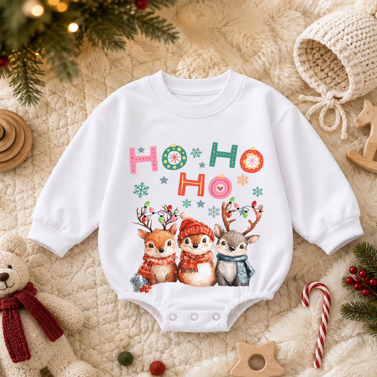 Ho Ho Ho Christmas Baby Romper, Watercolor Reindeer 1st Birthday Holiday Outfit, Cute Woodland Toddler Xmas Romper, Christmas Gift — product view 3