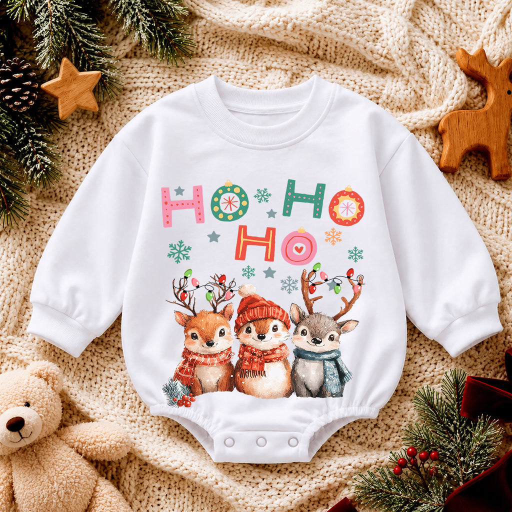 Ho Ho Ho Christmas Baby Romper, Watercolor Reindeer 1st Birthday Holiday Outfit, Cute Woodland Toddler Xmas Romper, Christmas Gift — product view 4