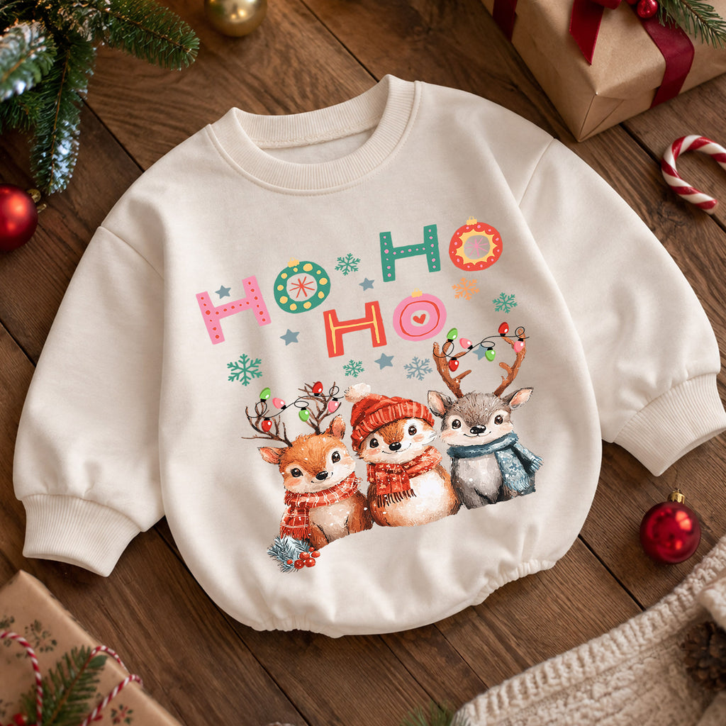 Ho Ho Ho Christmas Baby Romper, Watercolor Reindeer 1st Birthday Holiday Outfit, Cute Woodland Toddler Xmas Romper, Christmas Gift — product view 5