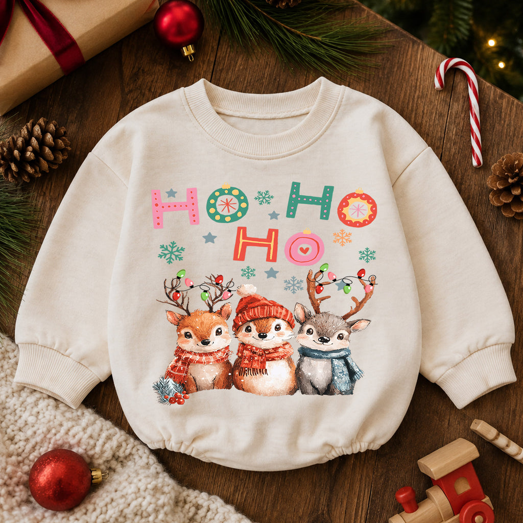 Ho Ho Ho Christmas Baby Romper, Watercolor Reindeer 1st Birthday Holiday Outfit, Cute Woodland Toddler Xmas Romper, Christmas Gift — product view 6