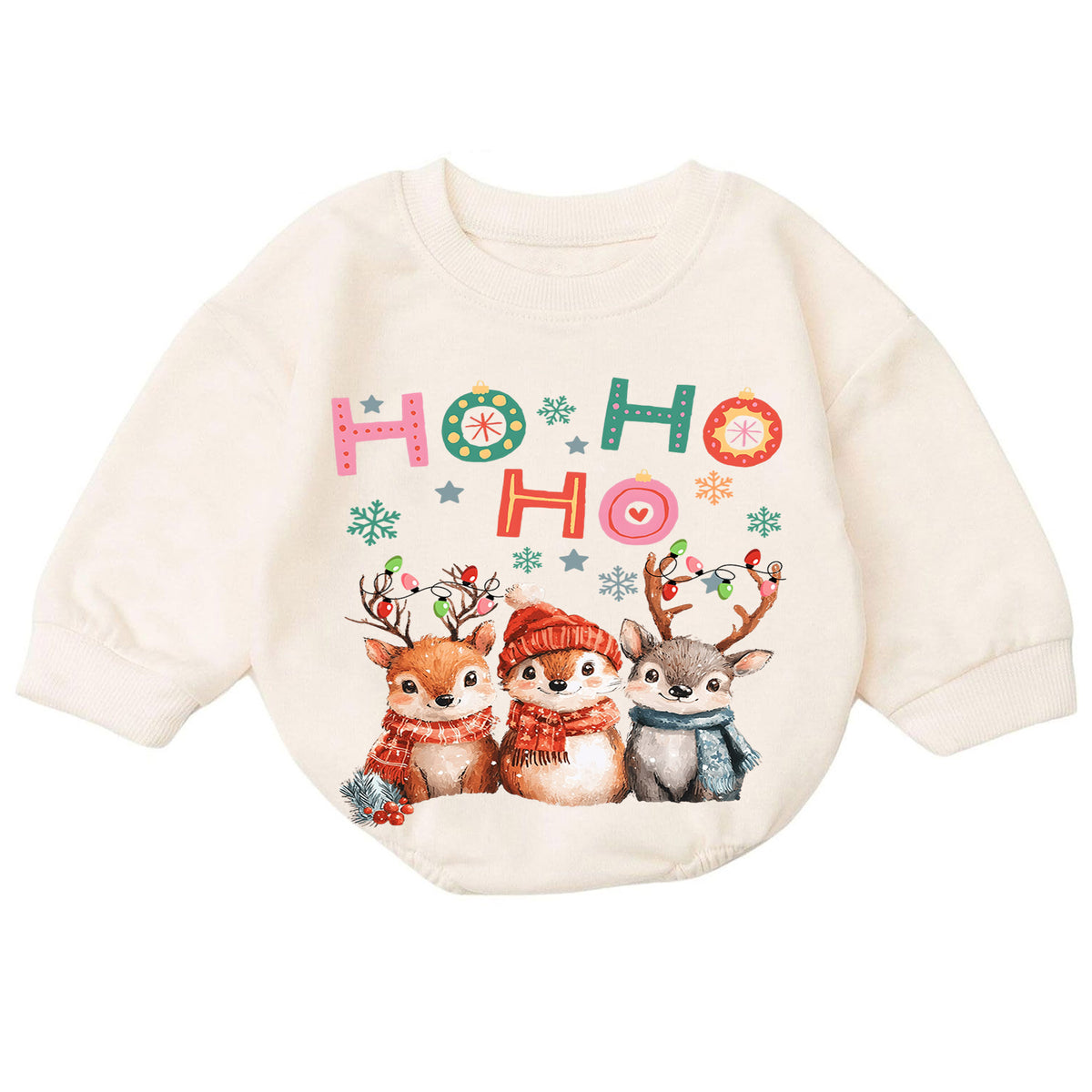 Ho Ho Ho Christmas Baby Romper, Watercolor Reindeer 1st Birthday Holiday Outfit, Cute Woodland Toddler Xmas Romper, Christmas Gift — product view 7