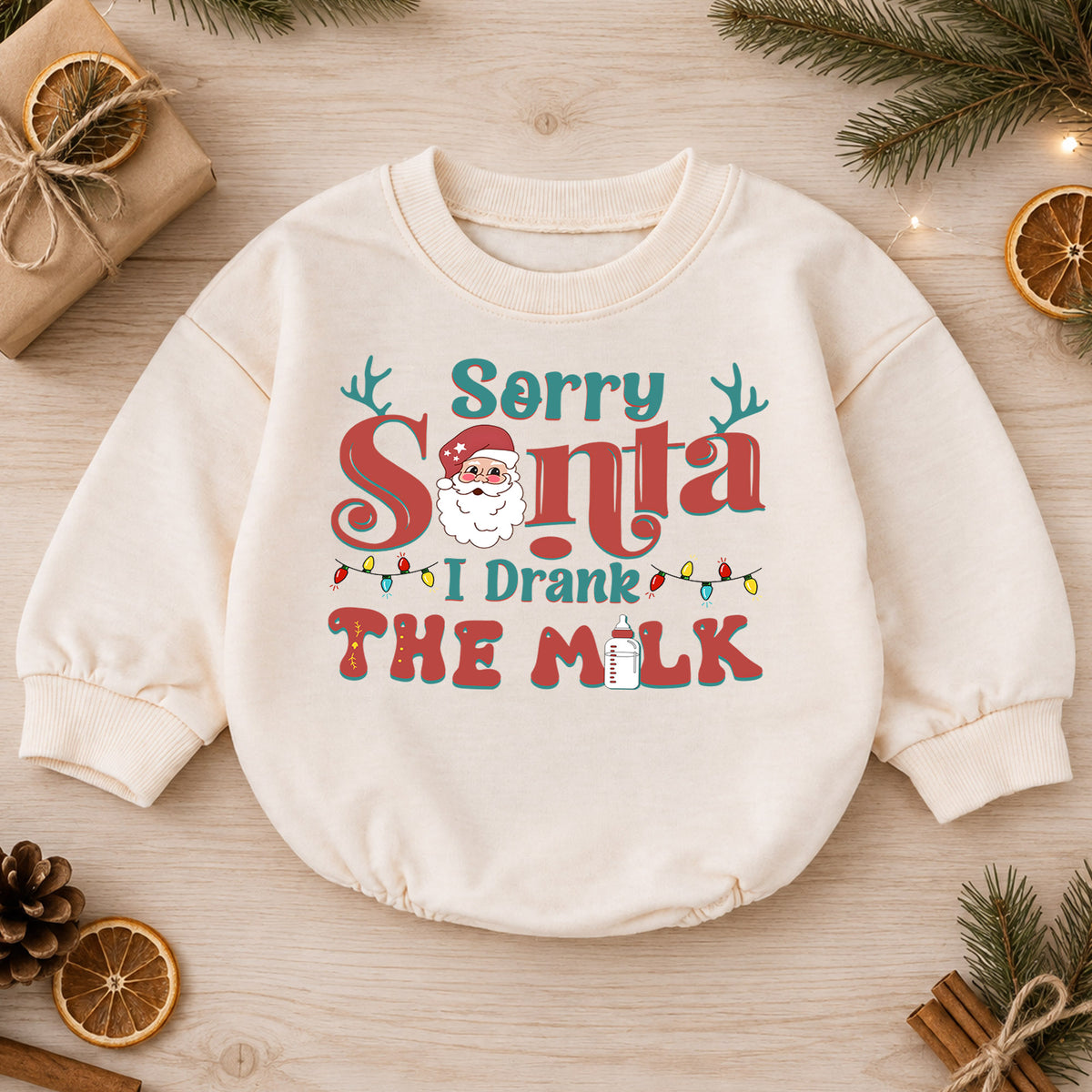 Sorry Santa I Drank the Milk Baby Romper, Funny Christmas Toddler Outfit, Santa Milk Holiday Romper, Cute Baby 1st Birthday Xmas Gift — product view 1