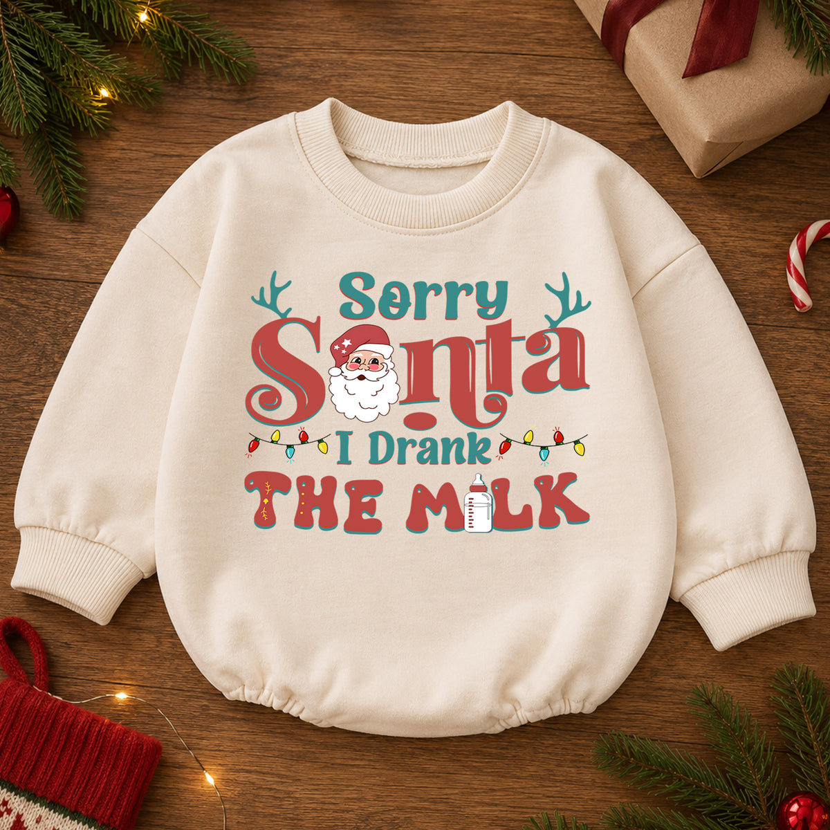 Sorry Santa I Drank the Milk Baby Romper, Funny Christmas Toddler Outfit, Santa Milk Holiday Romper, Cute Baby 1st Birthday Xmas Gift — product view 2