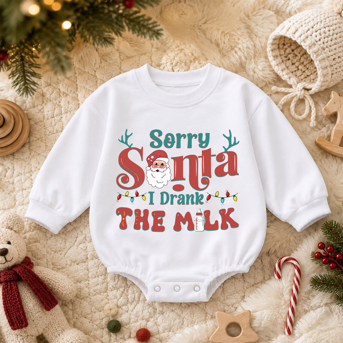 Sorry Santa I Drank the Milk Baby Romper, Funny Christmas Toddler Outfit, Santa Milk Holiday Romper, Cute Baby 1st Birthday Xmas Gift — product view 3