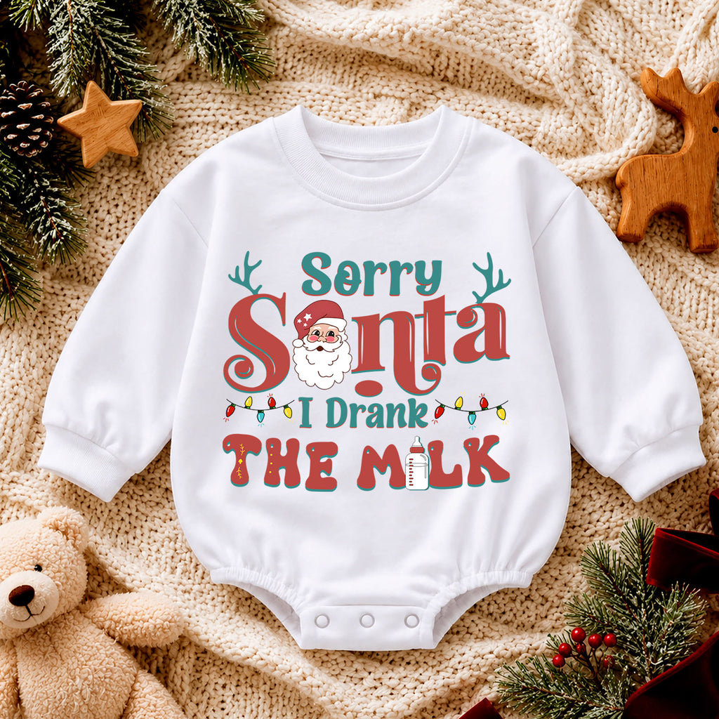 Sorry Santa I Drank the Milk Baby Romper, Funny Christmas Toddler Outfit, Santa Milk Holiday Romper, Cute Baby 1st Birthday Xmas Gift — product view 4