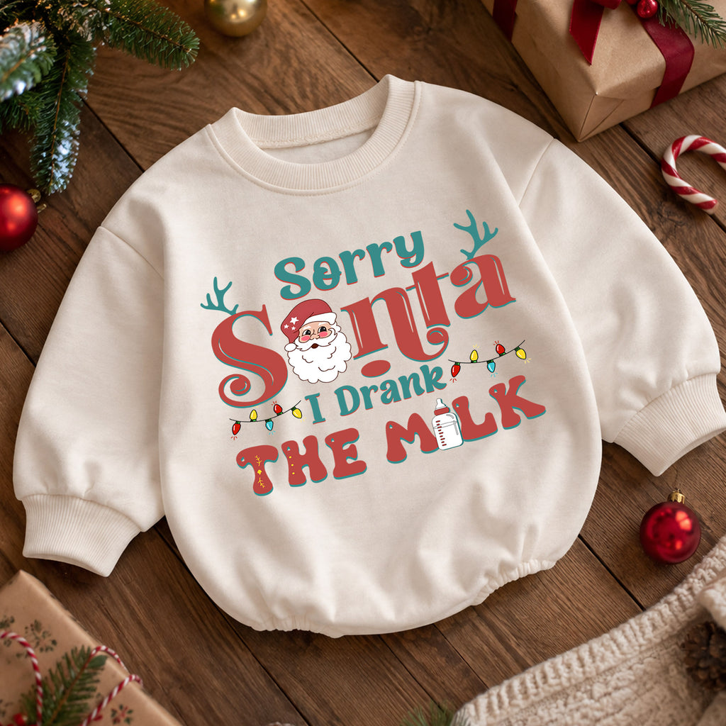 Sorry Santa I Drank the Milk Baby Romper, Funny Christmas Toddler Outfit, Santa Milk Holiday Romper, Cute Baby 1st Birthday Xmas Gift — product view 5
