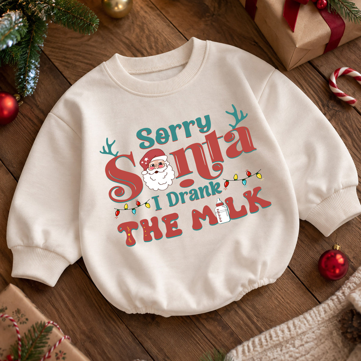 Sorry Santa I Drank the Milk Baby Romper, Funny Christmas Toddler Outfit, Santa Milk Holiday Romper, Cute Baby 1st Birthday Xmas Gift — product view 5