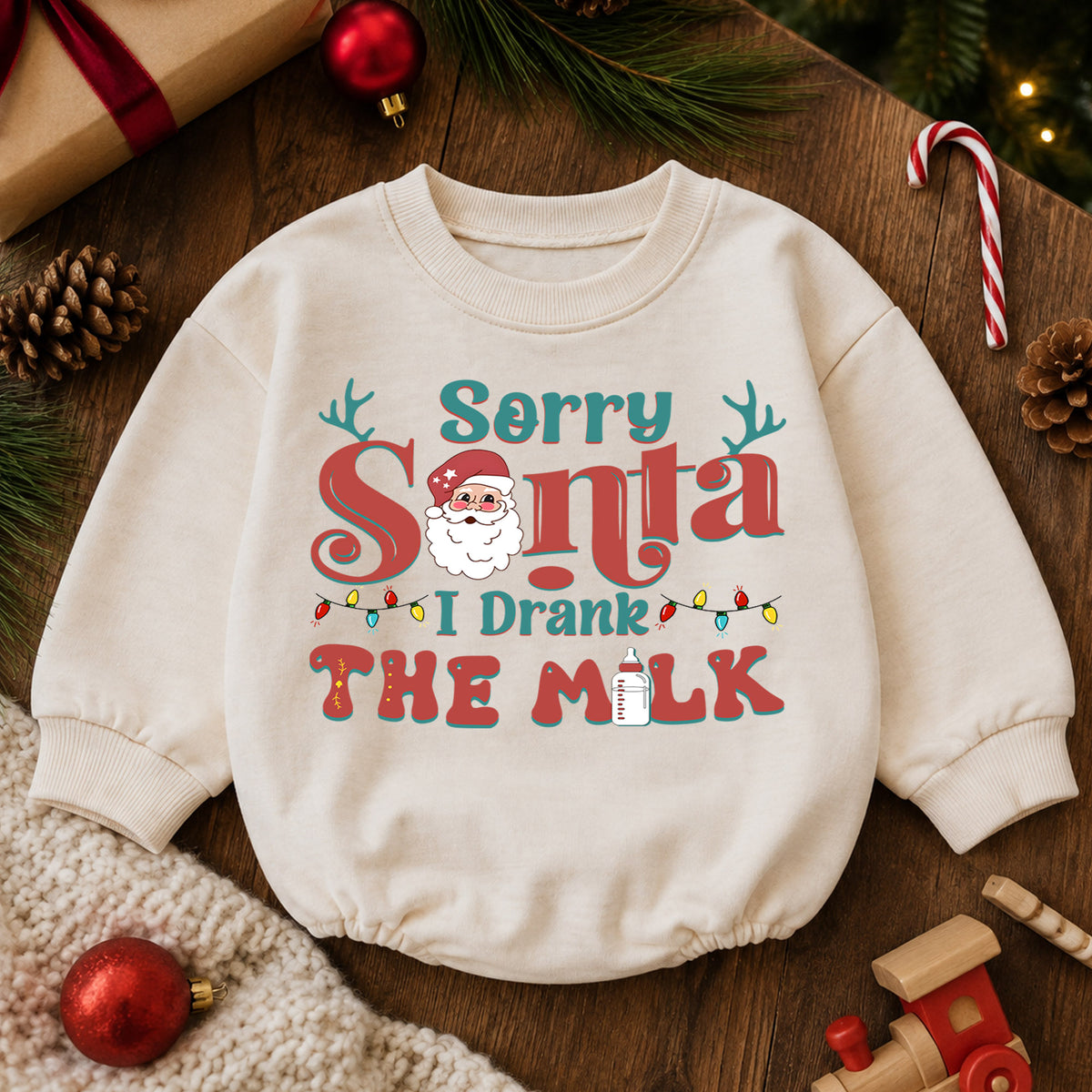Sorry Santa I Drank the Milk Baby Romper, Funny Christmas Toddler Outfit, Santa Milk Holiday Romper, Cute Baby 1st Birthday Xmas Gift — product view 6