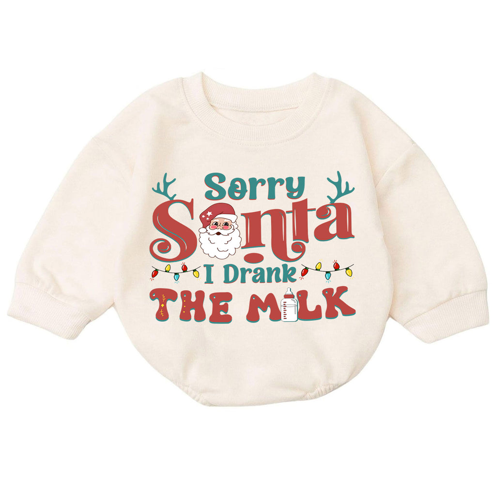 Sorry Santa I Drank the Milk Baby Romper, Funny Christmas Toddler Outfit, Santa Milk Holiday Romper, Cute Baby 1st Birthday Xmas Gift — product view 7