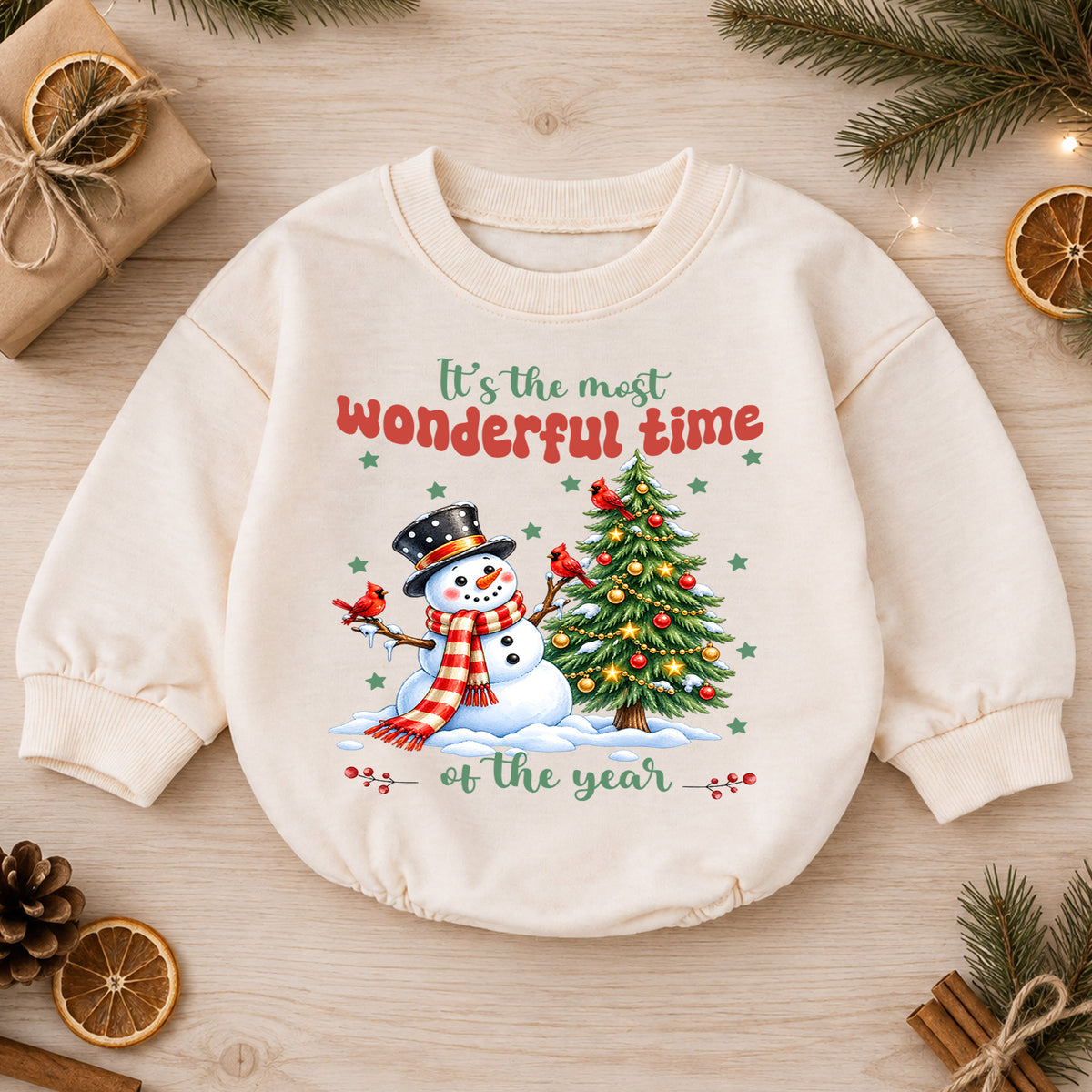 Most Wonderful Time Christmas Baby Romper, Snowman 1st Birthday Holiday Outfit, Christmas Tree Toddler Romper, Cute Winter Xmas Gift — product view 1