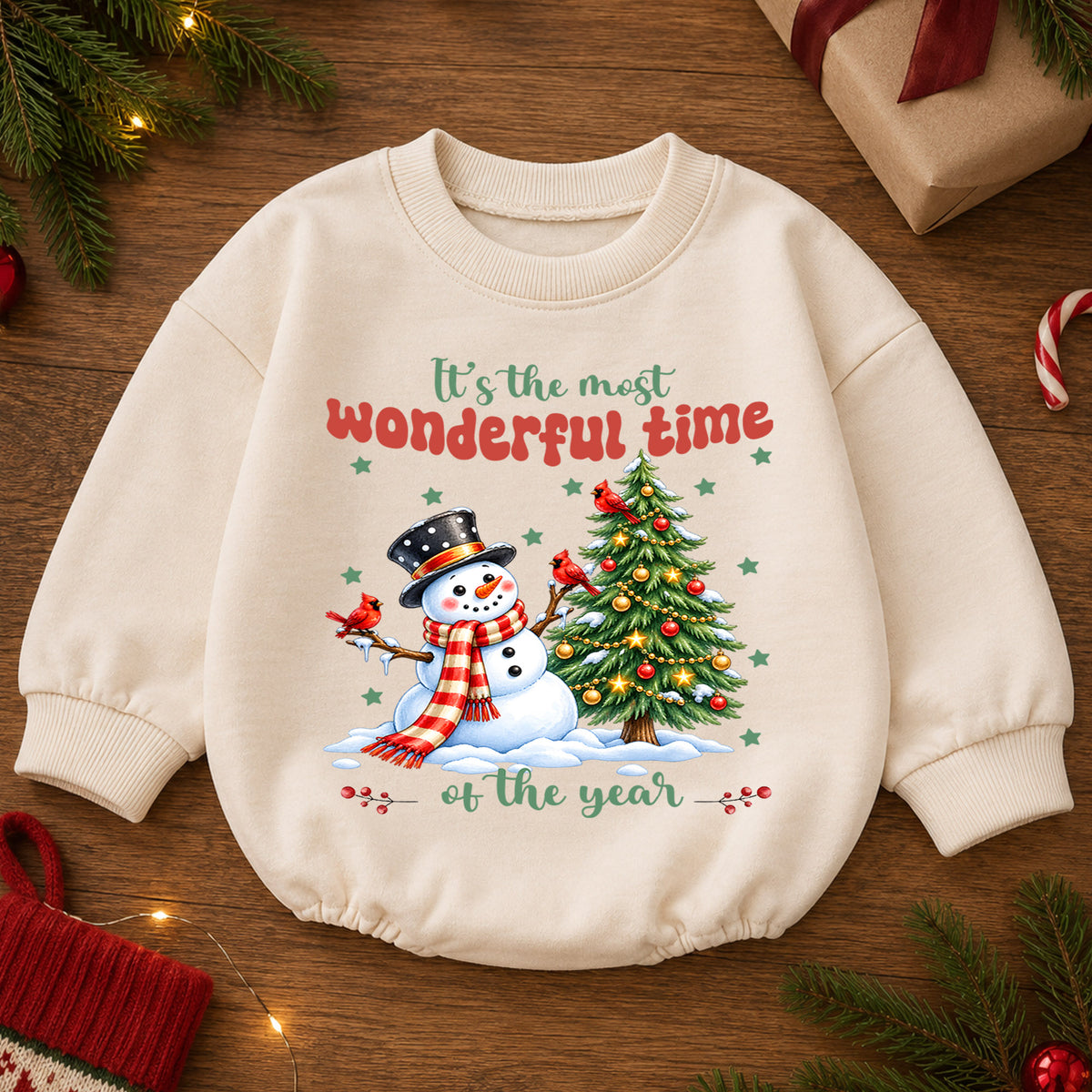 Most Wonderful Time Christmas Baby Romper, Snowman 1st Birthday Holiday Outfit, Christmas Tree Toddler Romper, Cute Winter Xmas Gift — product view 2