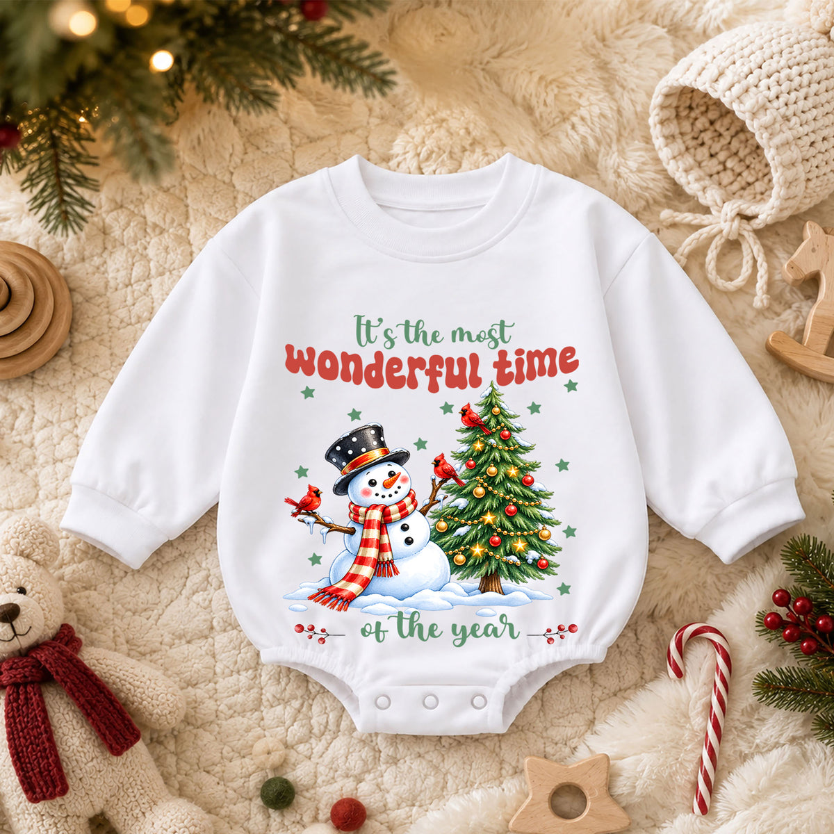 Most Wonderful Time Christmas Baby Romper, Snowman 1st Birthday Holiday Outfit, Christmas Tree Toddler Romper, Cute Winter Xmas Gift — product view 3