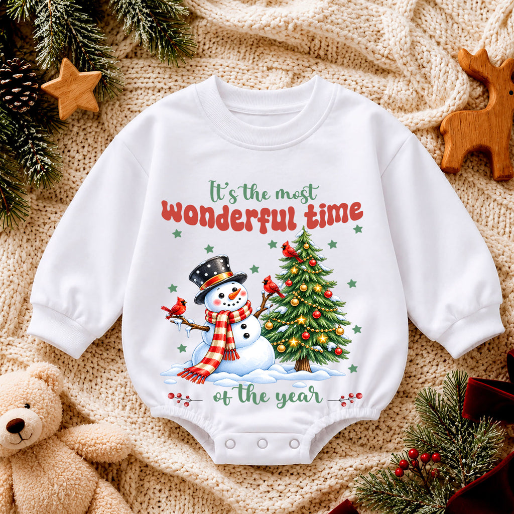 Most Wonderful Time Christmas Baby Romper, Snowman 1st Birthday Holiday Outfit, Christmas Tree Toddler Romper, Cute Winter Xmas Gift — product view 4