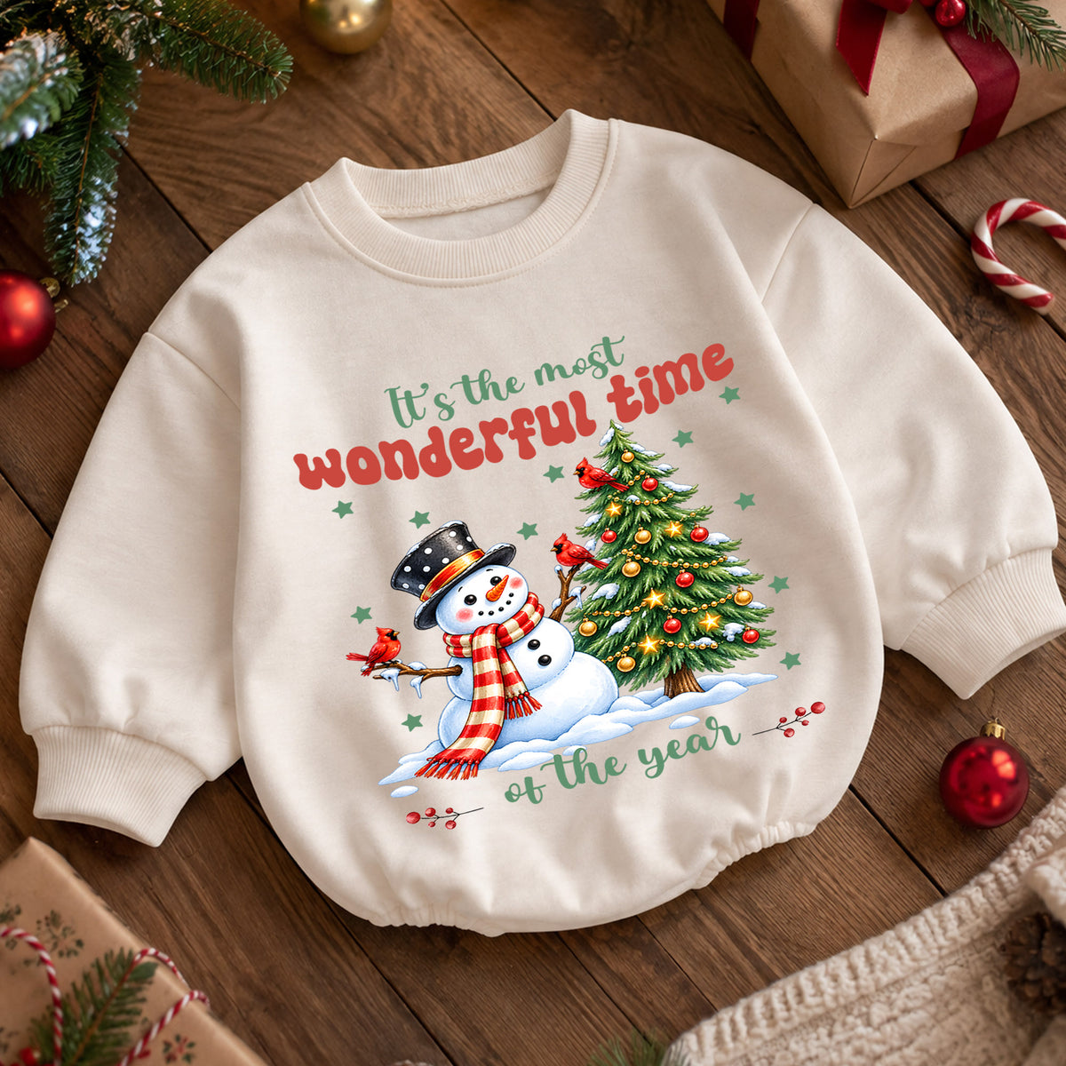 Most Wonderful Time Christmas Baby Romper, Snowman 1st Birthday Holiday Outfit, Christmas Tree Toddler Romper, Cute Winter Xmas Gift — product view 5