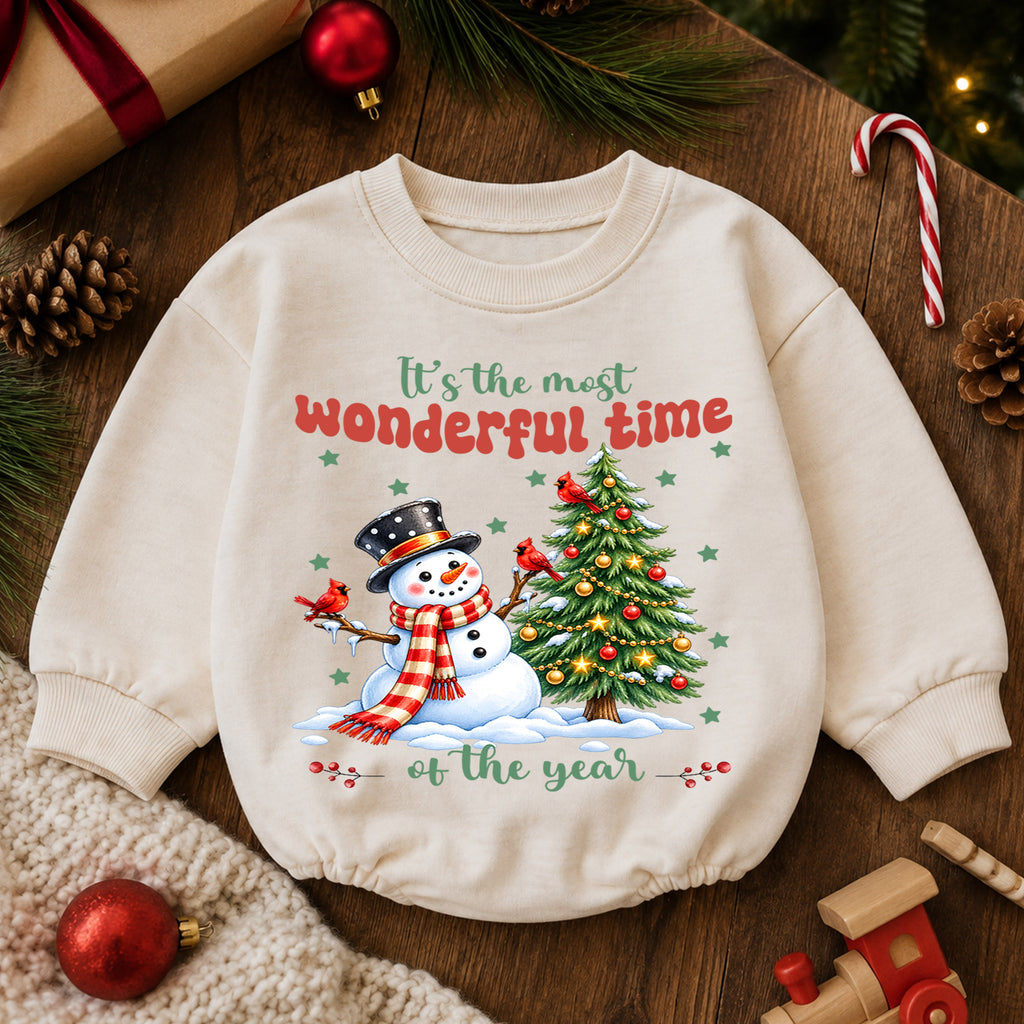 Most Wonderful Time Christmas Baby Romper, Snowman 1st Birthday Holiday Outfit, Christmas Tree Toddler Romper, Cute Winter Xmas Gift — product view 6