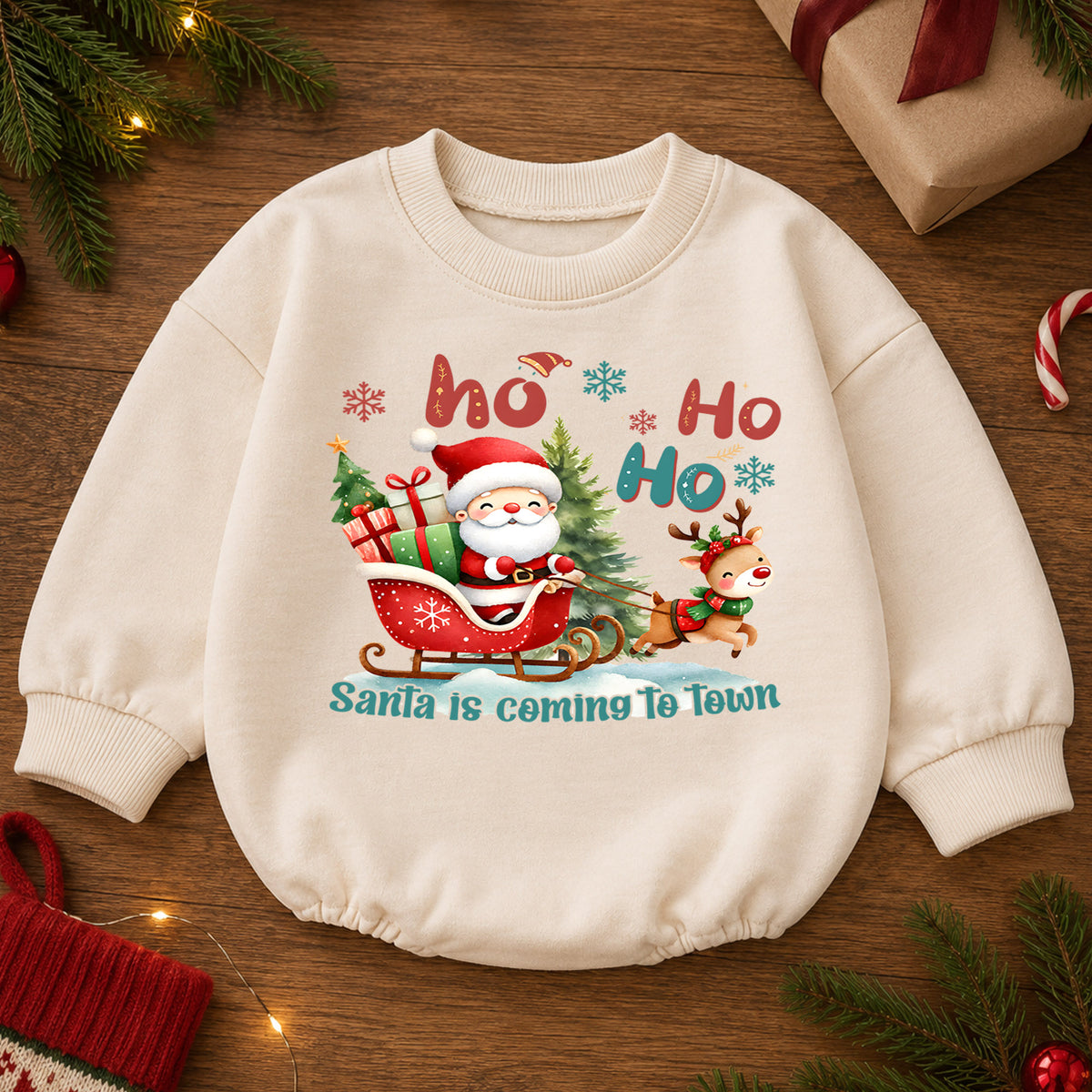 Santa Is Coming to Town Baby Romper, Santa Sleigh Reindeer 1st Birthday Christmas Outfit, Toddler Holiday Romper, Xmas Gift for Baby — product view 2
