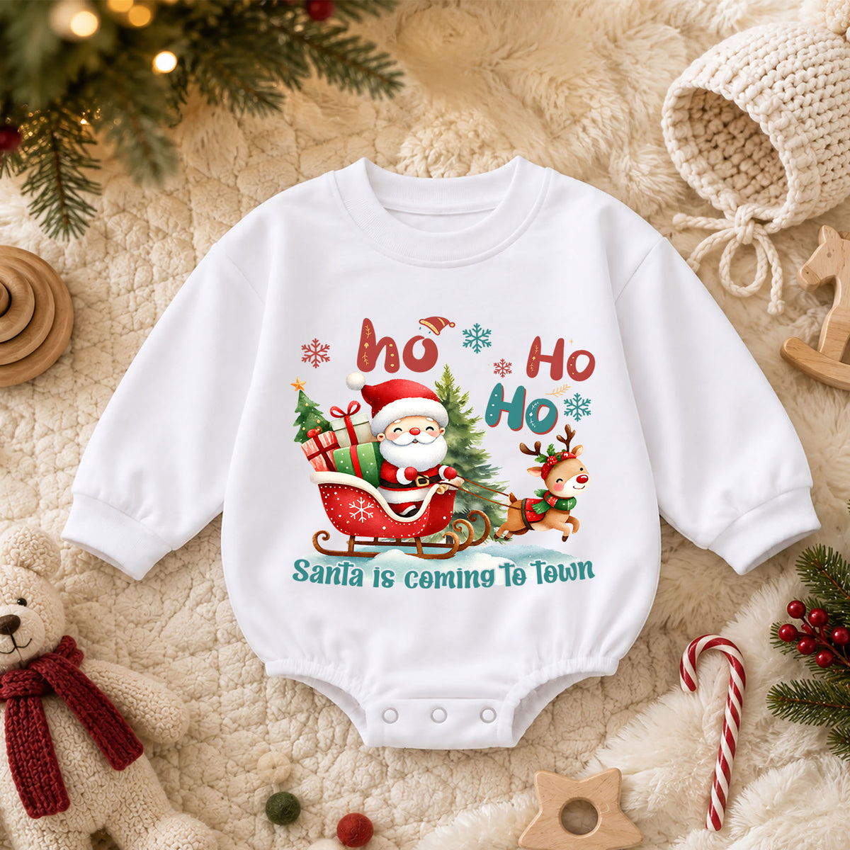 Santa Is Coming to Town Baby Romper, Santa Sleigh Reindeer 1st Birthday Christmas Outfit, Toddler Holiday Romper, Xmas Gift for Baby — product view 3