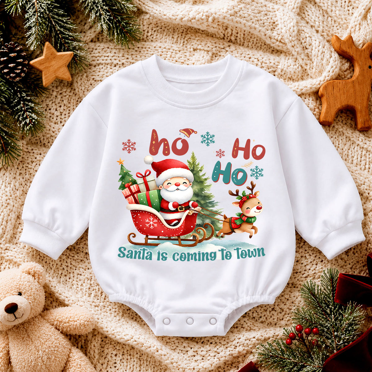 Santa Is Coming to Town Baby Romper, Santa Sleigh Reindeer 1st Birthday Christmas Outfit, Toddler Holiday Romper, Xmas Gift for Baby — product view 4
