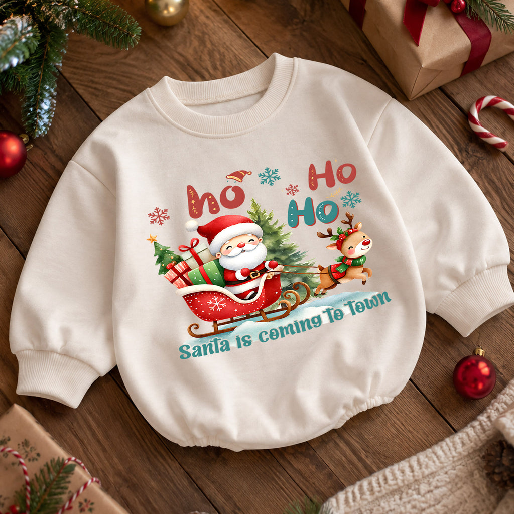 Santa Is Coming to Town Baby Romper, Santa Sleigh Reindeer 1st Birthday Christmas Outfit, Toddler Holiday Romper, Xmas Gift for Baby — product view 5