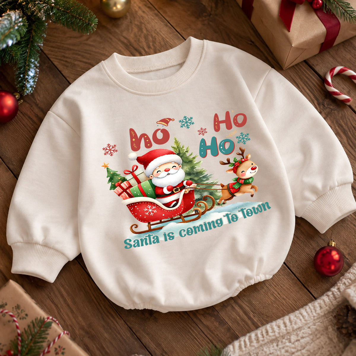Santa Is Coming to Town Baby Romper, Santa Sleigh Reindeer 1st Birthday Christmas Outfit, Toddler Holiday Romper, Xmas Gift for Baby — product view 5