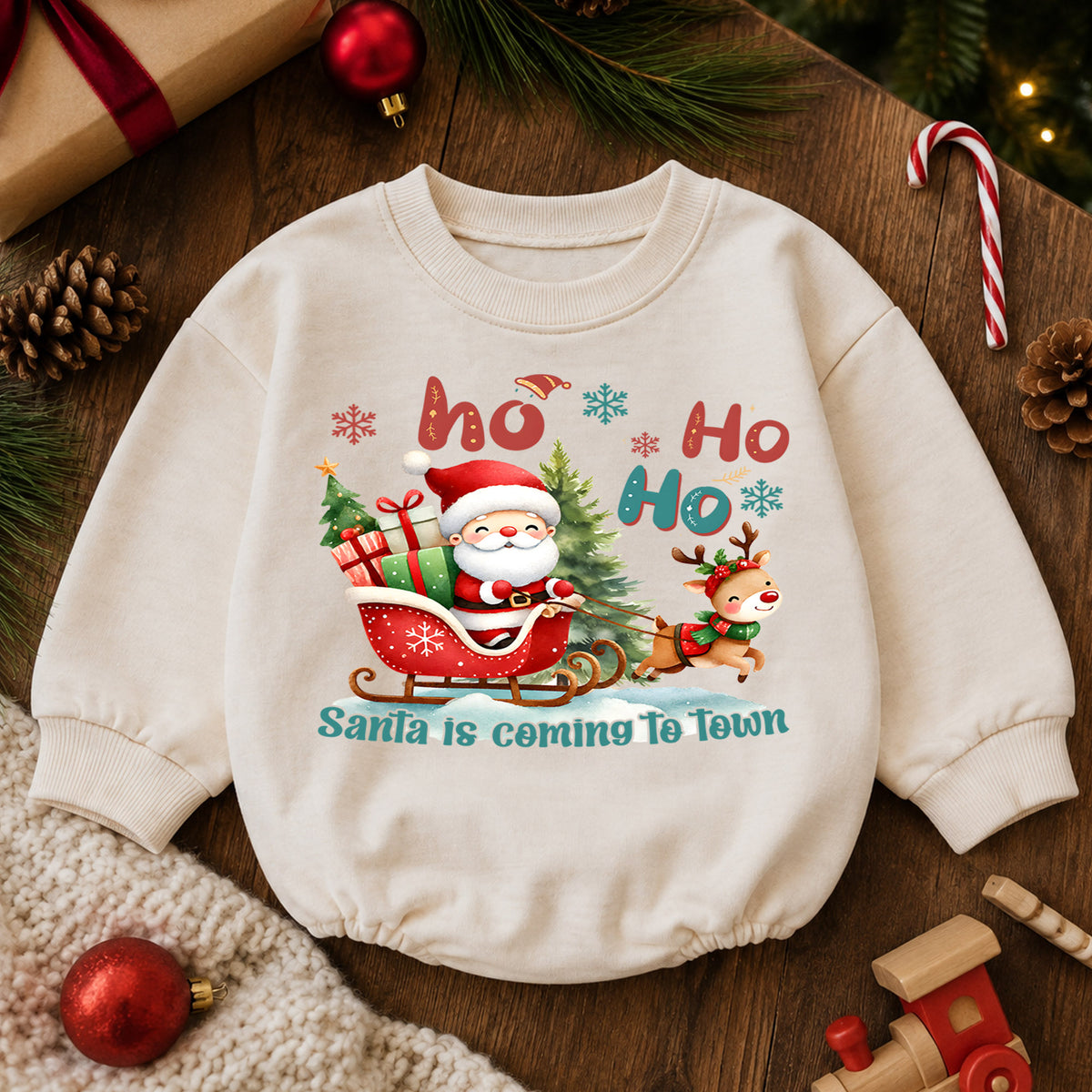Santa Is Coming to Town Baby Romper, Santa Sleigh Reindeer 1st Birthday Christmas Outfit, Toddler Holiday Romper, Xmas Gift for Baby — product view 6