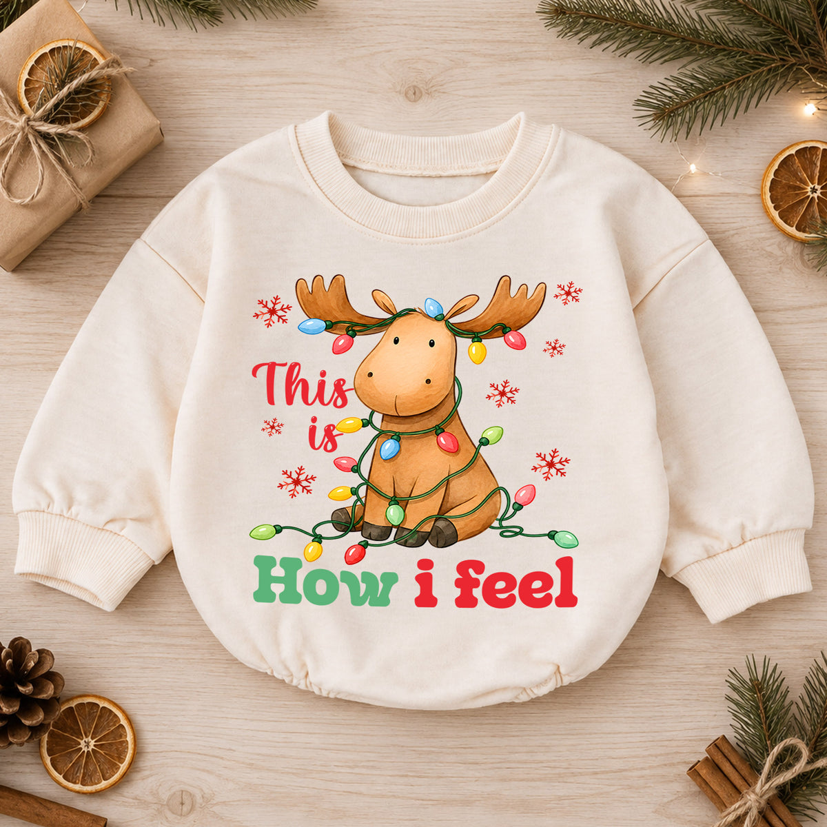 This Is How I Feel Christmas Moose Romper, Tangled Lights Holiday Romper, Funny Reindeer Style Xmas Outfit for Baby — product view 1