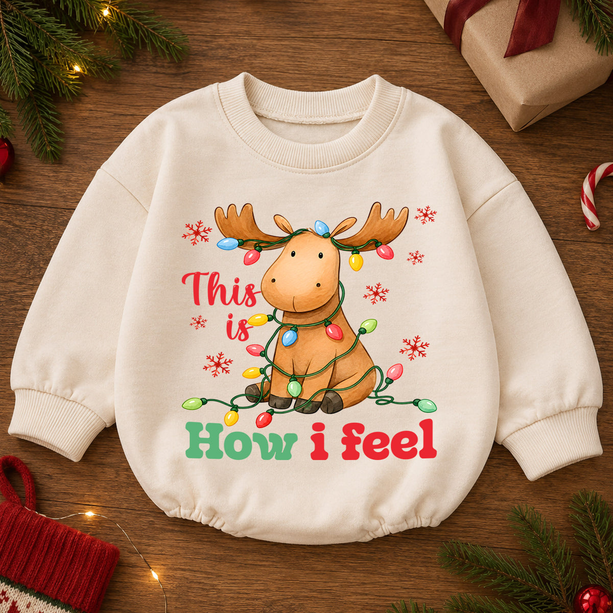 This Is How I Feel Christmas Moose Romper, Tangled Lights Holiday Romper, Funny Reindeer Style Xmas Outfit for Baby — product view 2