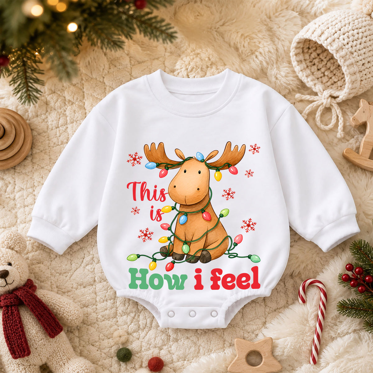 This Is How I Feel Christmas Moose Romper, Tangled Lights Holiday Romper, Funny Reindeer Style Xmas Outfit for Baby — product view 3