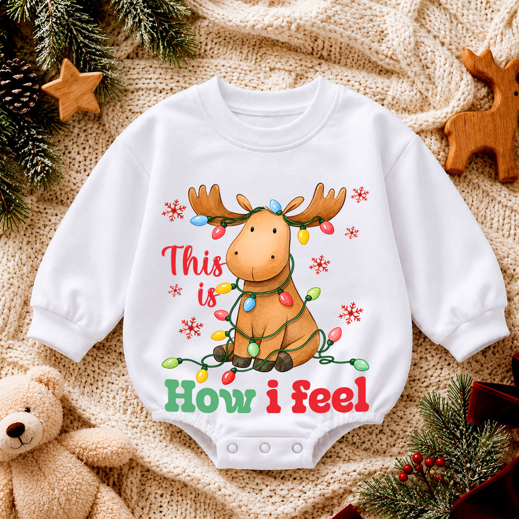 This Is How I Feel Christmas Moose Romper, Tangled Lights Holiday Romper, Funny Reindeer Style Xmas Outfit for Baby — product view 4