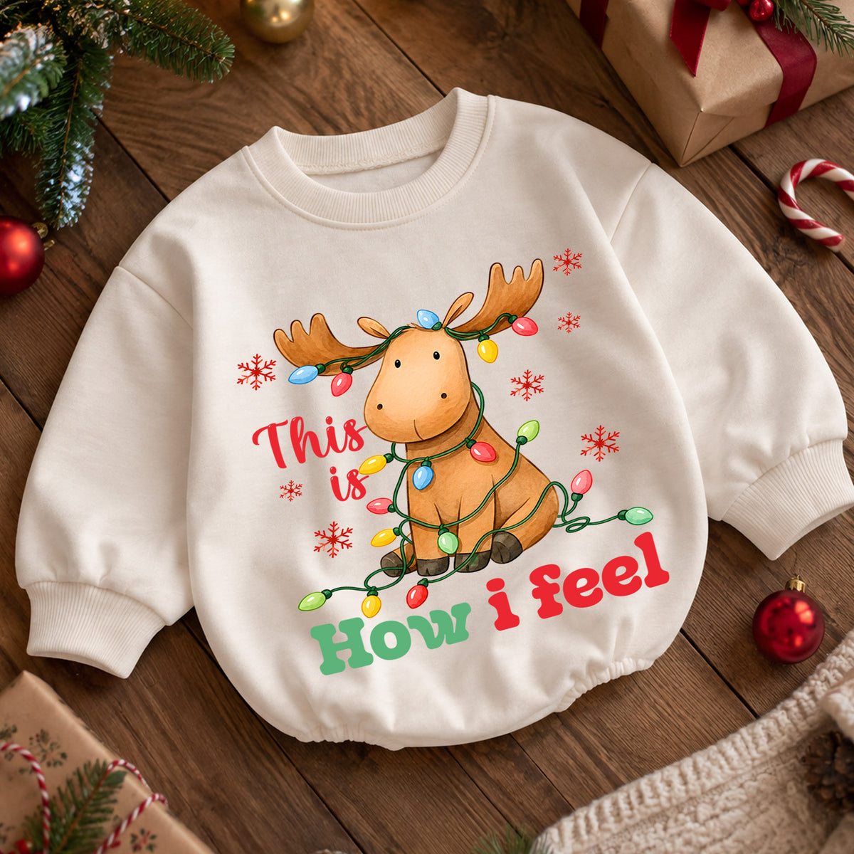 This Is How I Feel Christmas Moose Romper, Tangled Lights Holiday Romper, Funny Reindeer Style Xmas Outfit for Baby — product view 5