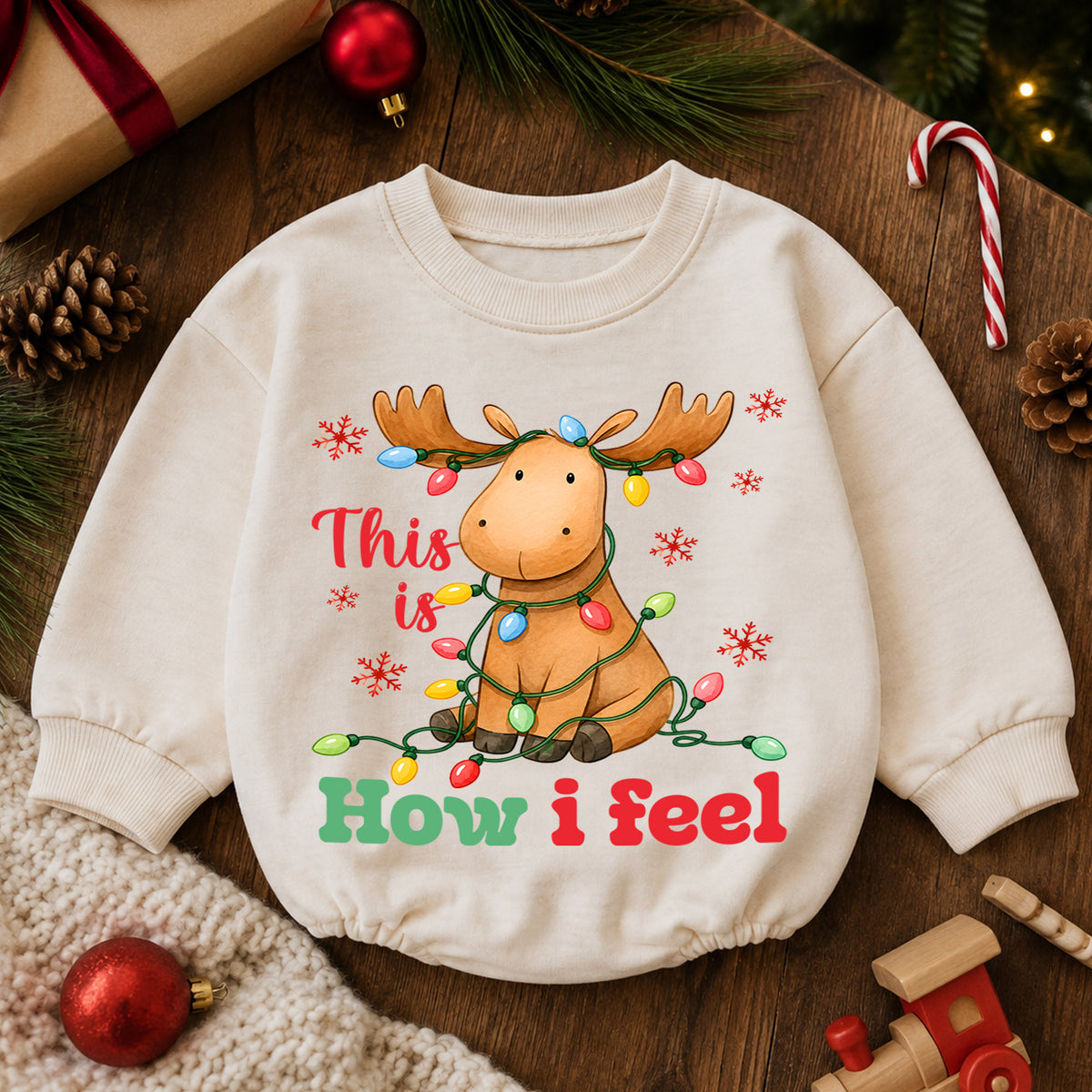 This Is How I Feel Christmas Moose Romper, Tangled Lights Holiday Romper, Funny Reindeer Style Xmas Outfit for Baby — product view 6