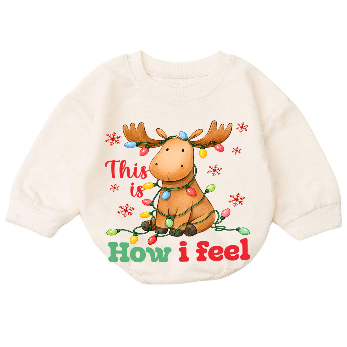 This Is How I Feel Christmas Moose Romper, Tangled Lights Holiday Romper, Funny Reindeer Style Xmas Outfit for Baby — product view 7