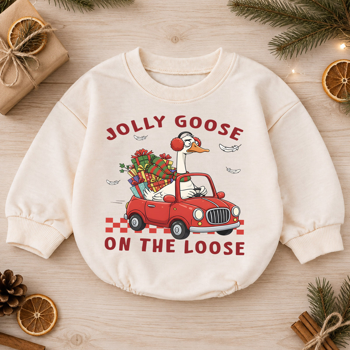 Jolly Goose on the Loose Christmas Baby Romper, Funny Goose Car Holiday Outfit, Toddler Xmas Romper, Cute 1st Christmas Gift — product view 1