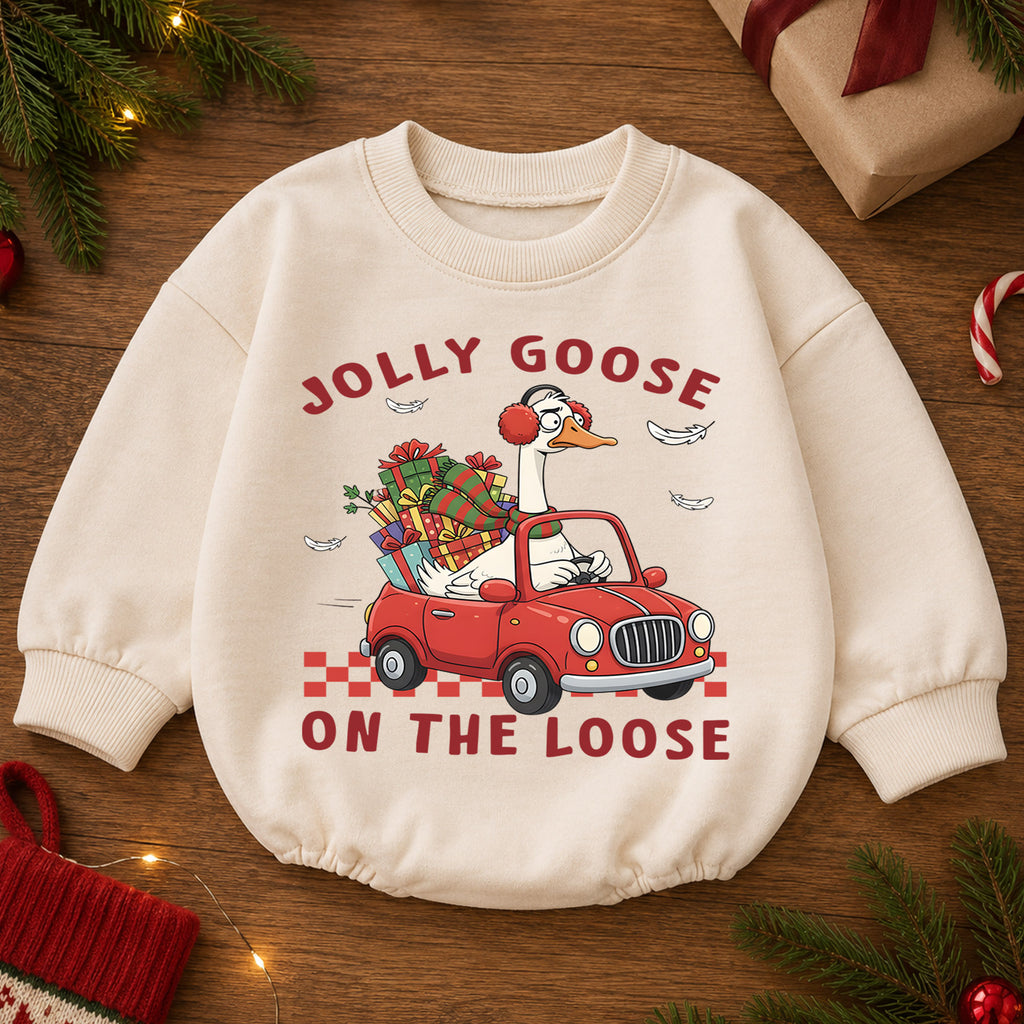 Jolly Goose on the Loose Christmas Baby Romper, Funny Goose Car Holiday Outfit, Toddler Xmas Romper, Cute 1st Christmas Gift — product view 2