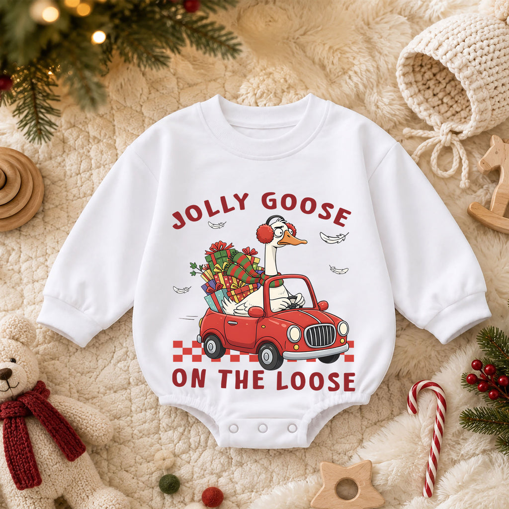 Jolly Goose on the Loose Christmas Baby Romper, Funny Goose Car Holiday Outfit, Toddler Xmas Romper, Cute 1st Christmas Gift — product view 3