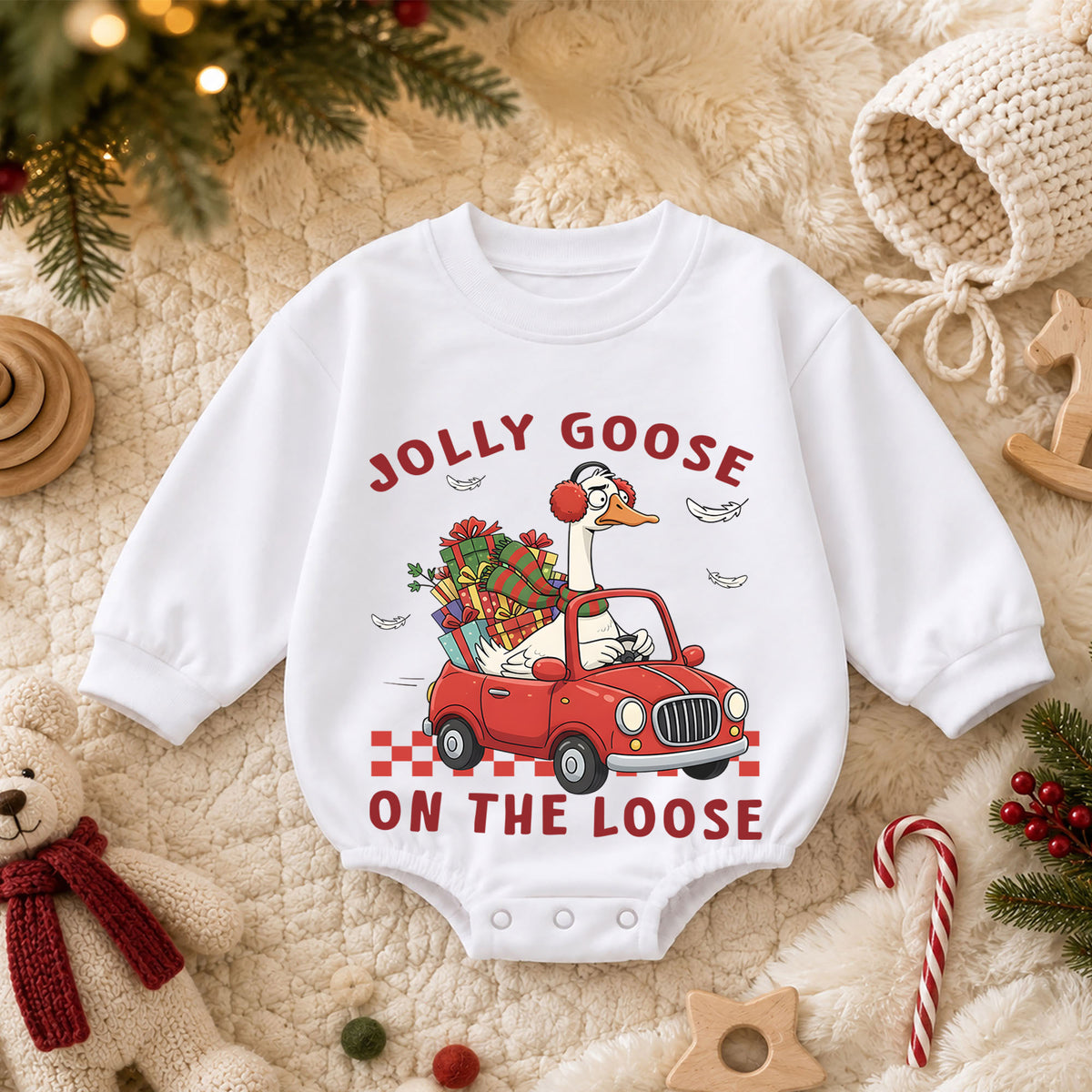 Jolly Goose on the Loose Christmas Baby Romper, Funny Goose Car Holiday Outfit, Toddler Xmas Romper, Cute 1st Christmas Gift — product view 3