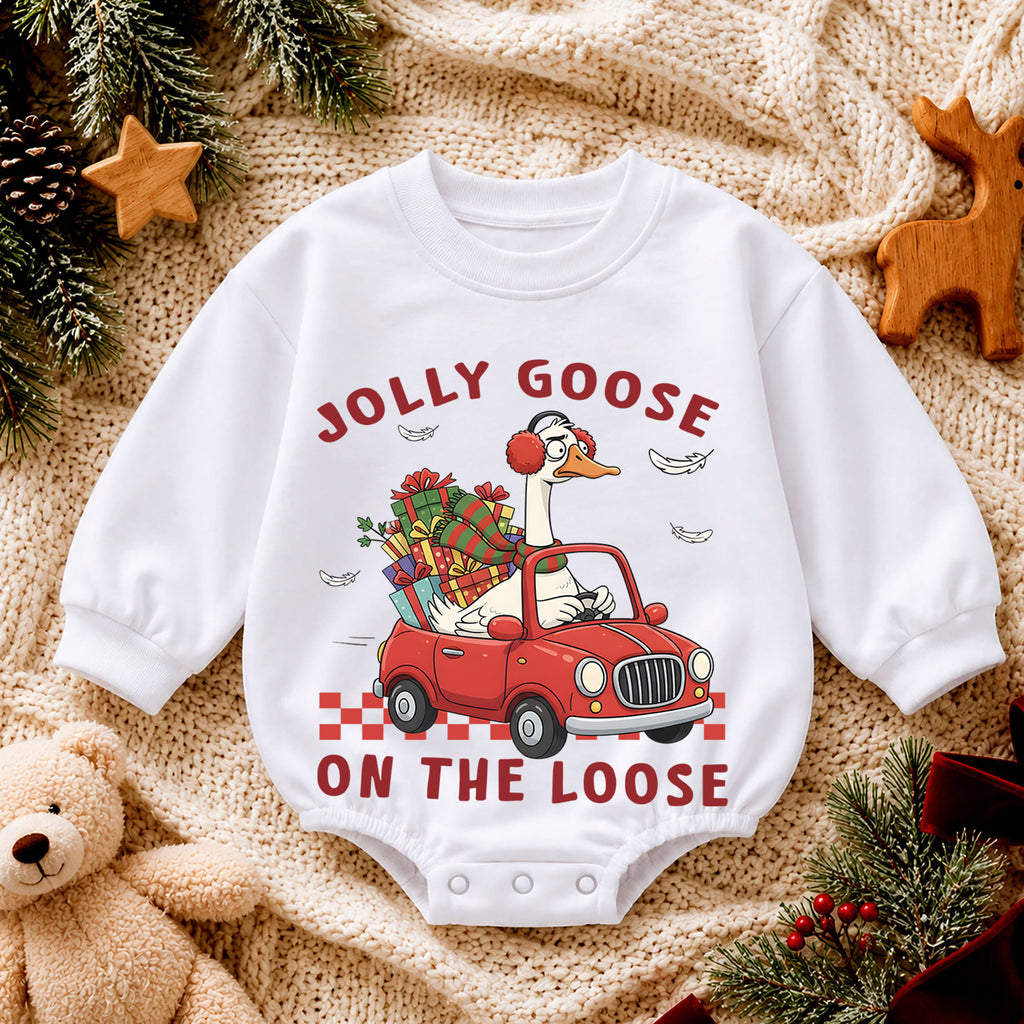 Jolly Goose on the Loose Christmas Baby Romper, Funny Goose Car Holiday Outfit, Toddler Xmas Romper, Cute 1st Christmas Gift — product view 4