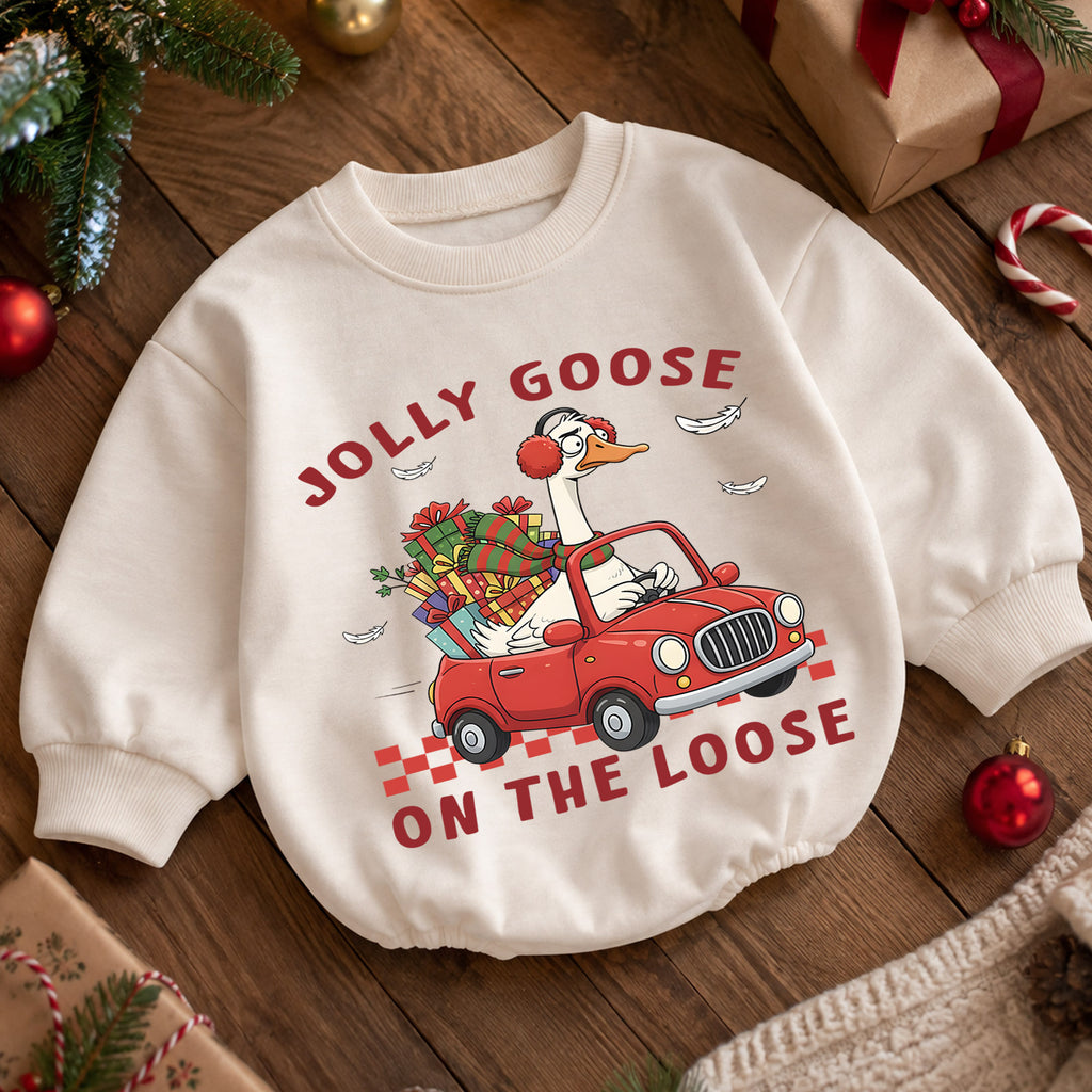 Jolly Goose on the Loose Christmas Baby Romper, Funny Goose Car Holiday Outfit, Toddler Xmas Romper, Cute 1st Christmas Gift — product view 5