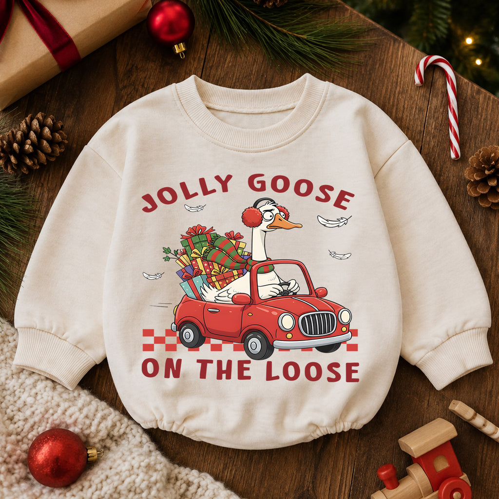 Jolly Goose on the Loose Christmas Baby Romper, Funny Goose Car Holiday Outfit, Toddler Xmas Romper, Cute 1st Christmas Gift — product view 6