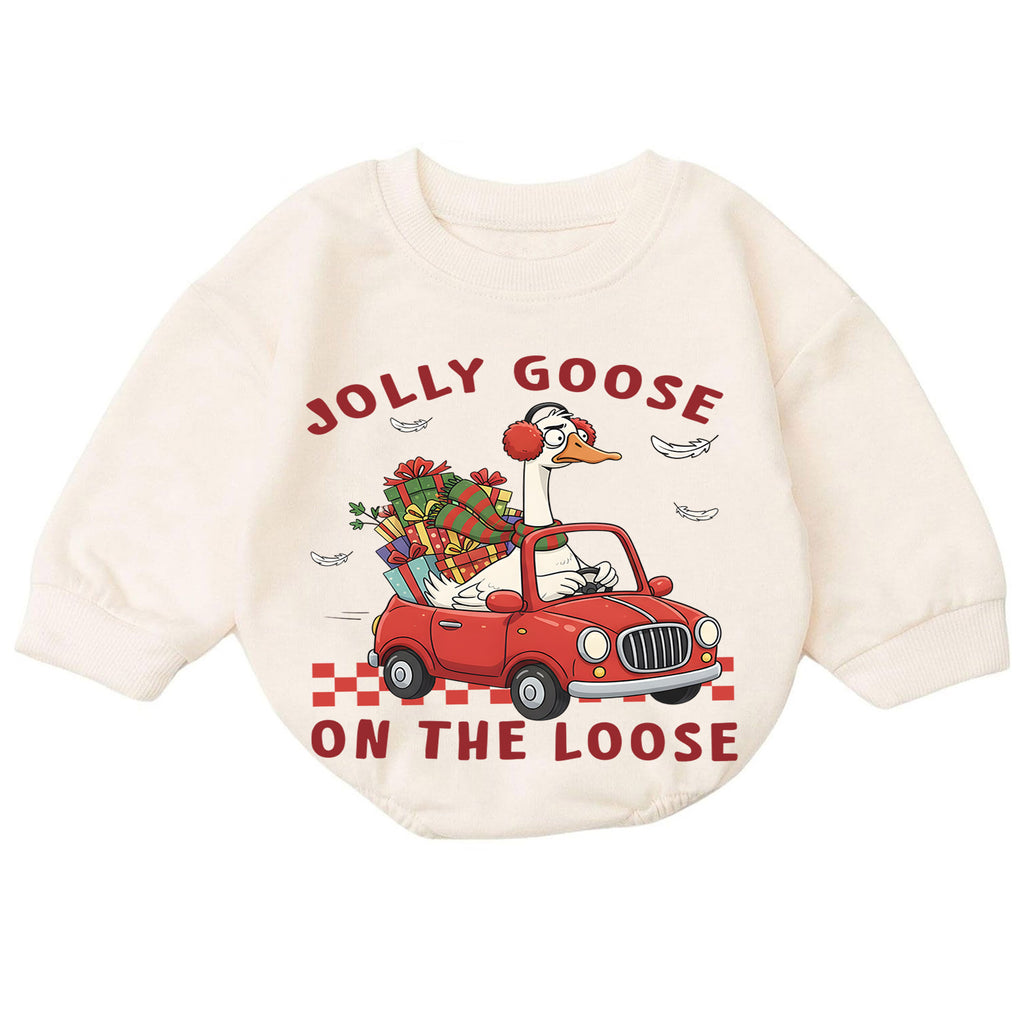 Jolly Goose on the Loose Christmas Baby Romper, Funny Goose Car Holiday Outfit, Toddler Xmas Romper, Cute 1st Christmas Gift — product view 7