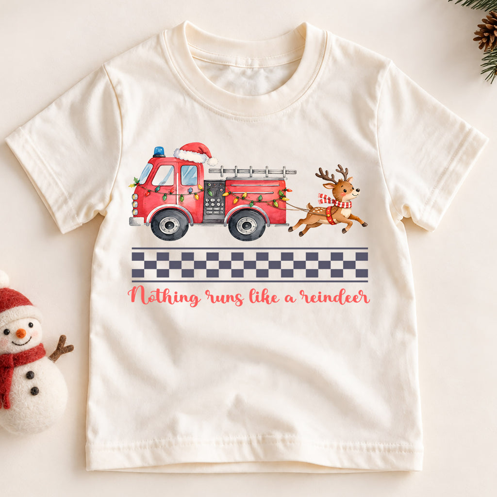 Christmas Fire Truck Kids Shirt, Nothing Runs Like a Reindeer Tee, Firefighter Christmas T Shirt, Holiday Gift for Boys — product view 2