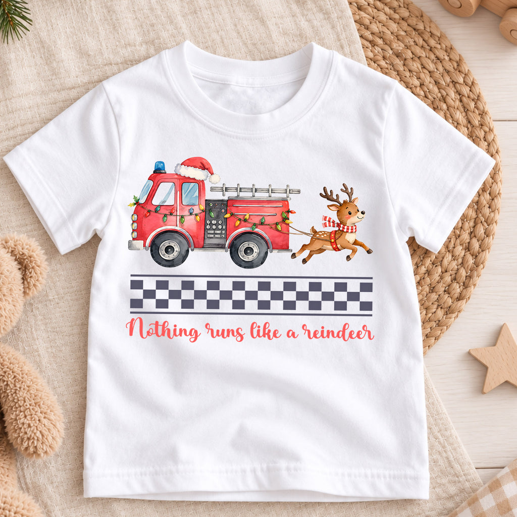 Christmas Fire Truck Kids Shirt, Nothing Runs Like a Reindeer Tee, Firefighter Christmas T Shirt, Holiday Gift for Boys — product view 3