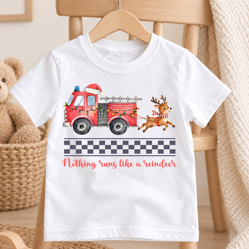 Christmas Fire Truck Kids Shirt, Nothing Runs Like a Reindeer Tee, Firefighter Christmas T Shirt, Holiday Gift for Boys — product view 4