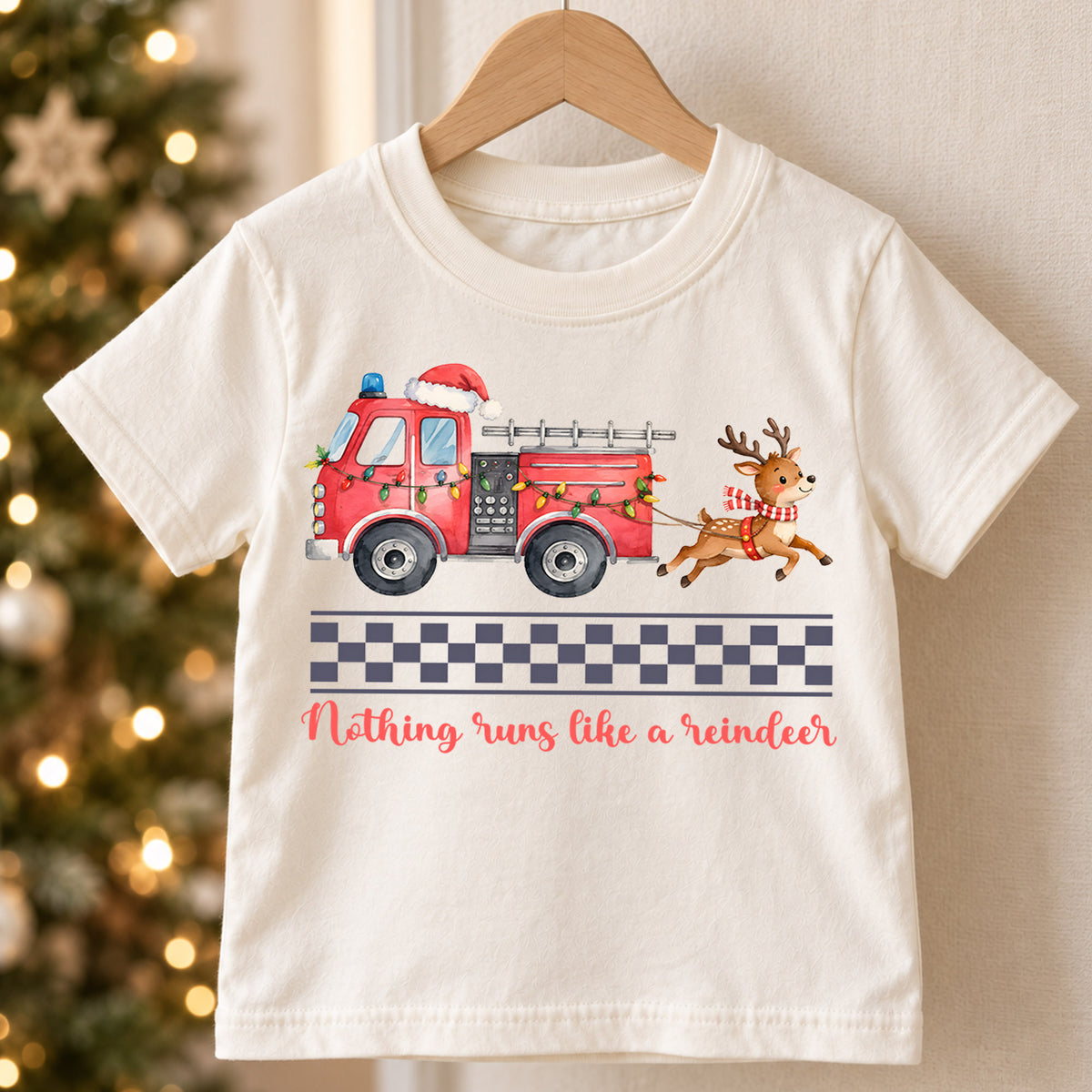 Christmas Fire Truck Kids Shirt, Nothing Runs Like a Reindeer Tee, Firefighter Christmas T Shirt, Holiday Gift for Boys — product view 5