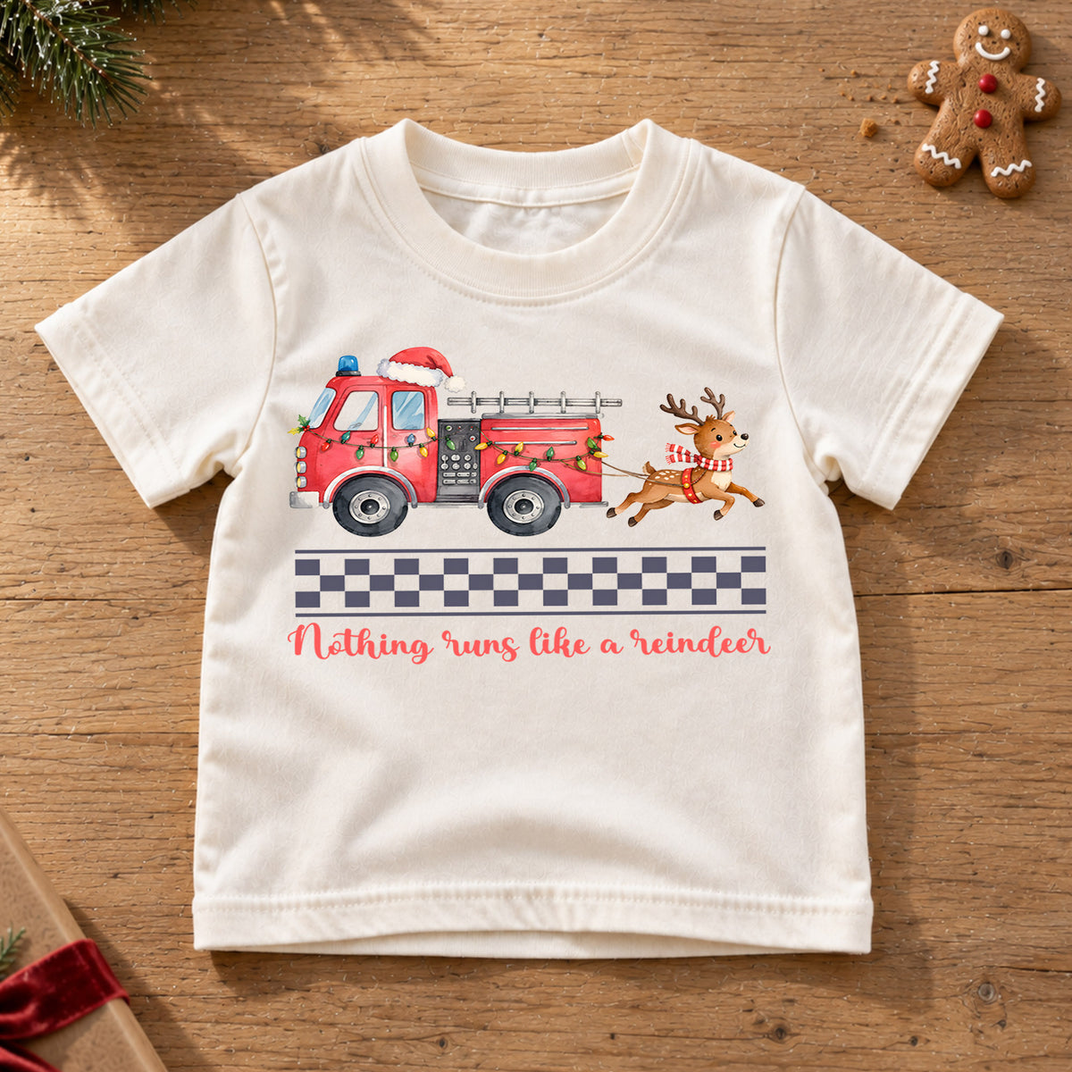Christmas Fire Truck Kids Shirt, Nothing Runs Like a Reindeer Tee, Firefighter Christmas T Shirt, Holiday Gift for Boys — product view 6