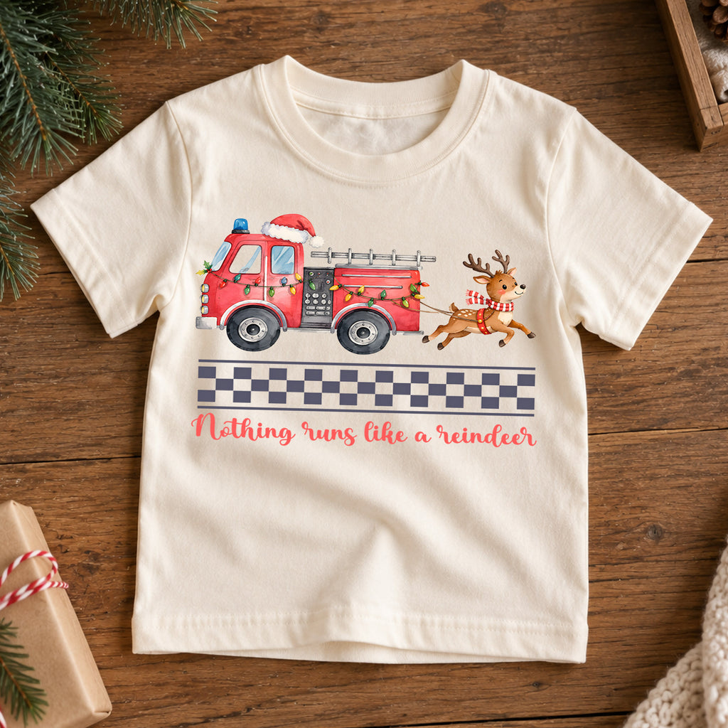 Christmas Fire Truck Kids Shirt, Nothing Runs Like a Reindeer Tee, Firefighter Christmas T Shirt, Holiday Gift for Boys — product view 7