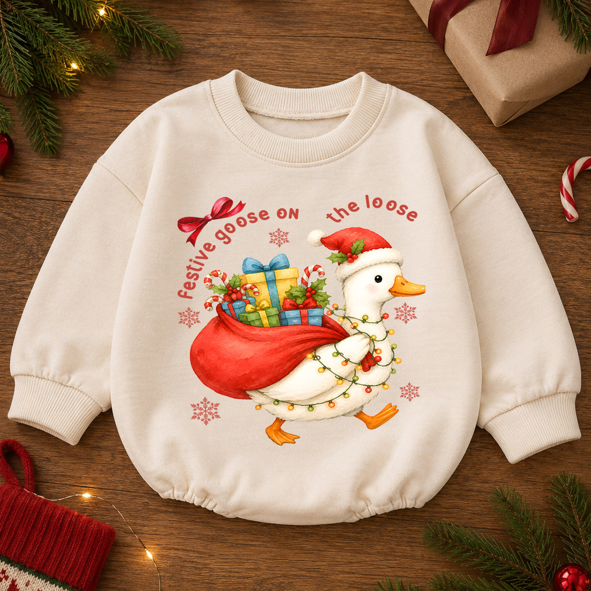 Festive Goose on the Loose Baby Romper, Christmas Goose Toddler 1st Birthday Holiday Outfit, Silly Goose Xmas Romper, Cute Baby Gift — product view 2